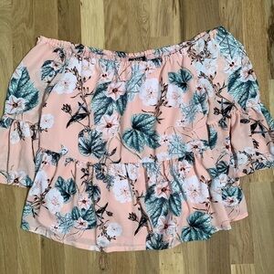 𝅺a.n.a. Scoop-neck/Off-the-shoulder Bell Sleeve Light Pink Floral Top Women’s M